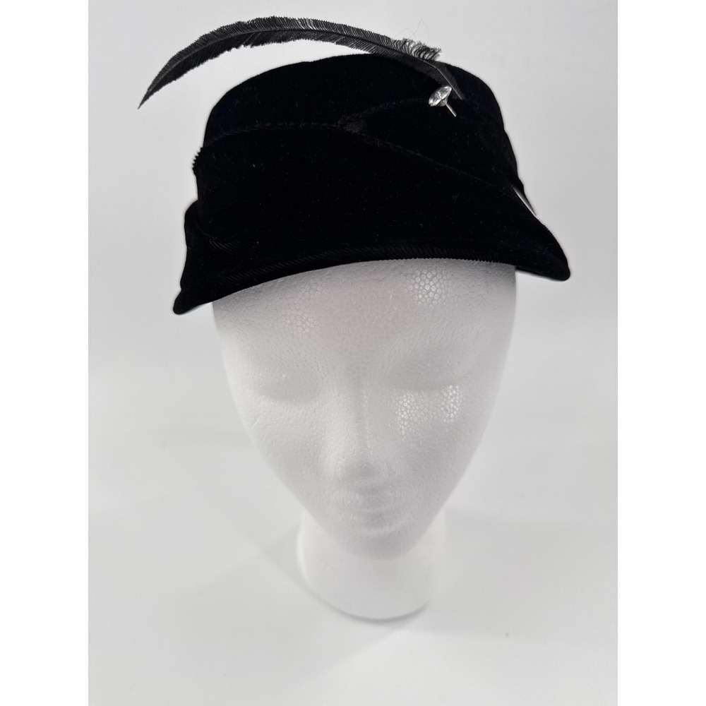 Pillbox Hat Women Black Velvet Feather Rhinestone‎ Pin Vintage